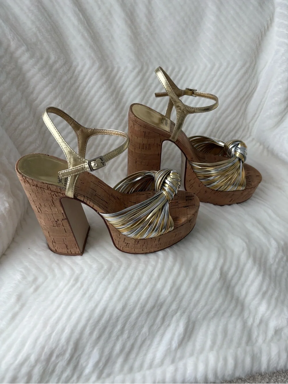 Jeffrey Campbell Metallic Gold and Silver Knot Cork Wedge Sandals - Picture 2 of 4